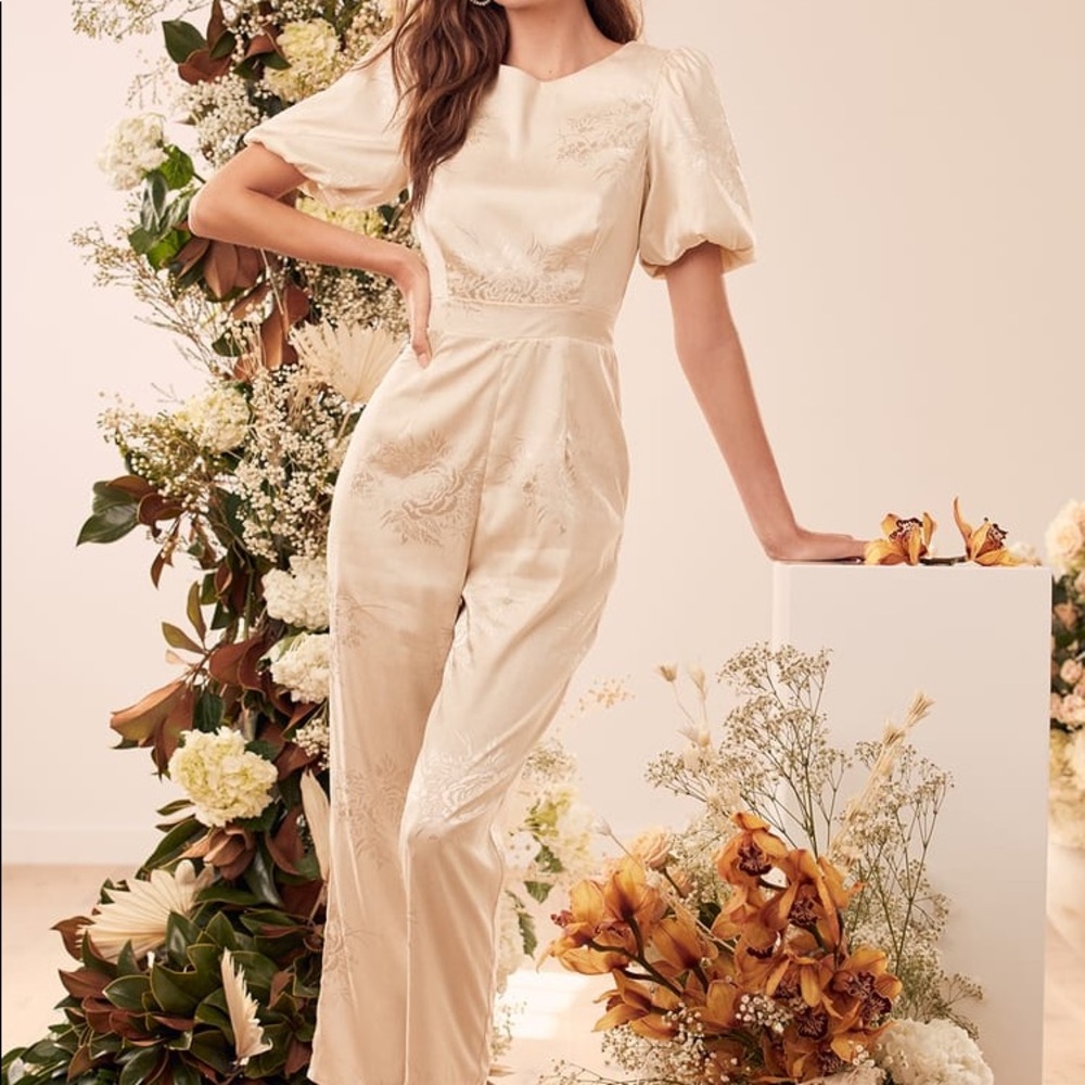 Champagne Floral Jacquard Puff Sleeve Jumpsuit